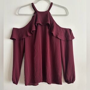 Michael Kors Burgundy Women’s Long Sleeve Cold-Shoulder Ruffle Blouse Size M